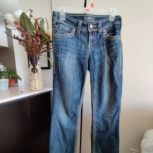 Silver straight leg jeans with embellished pockets